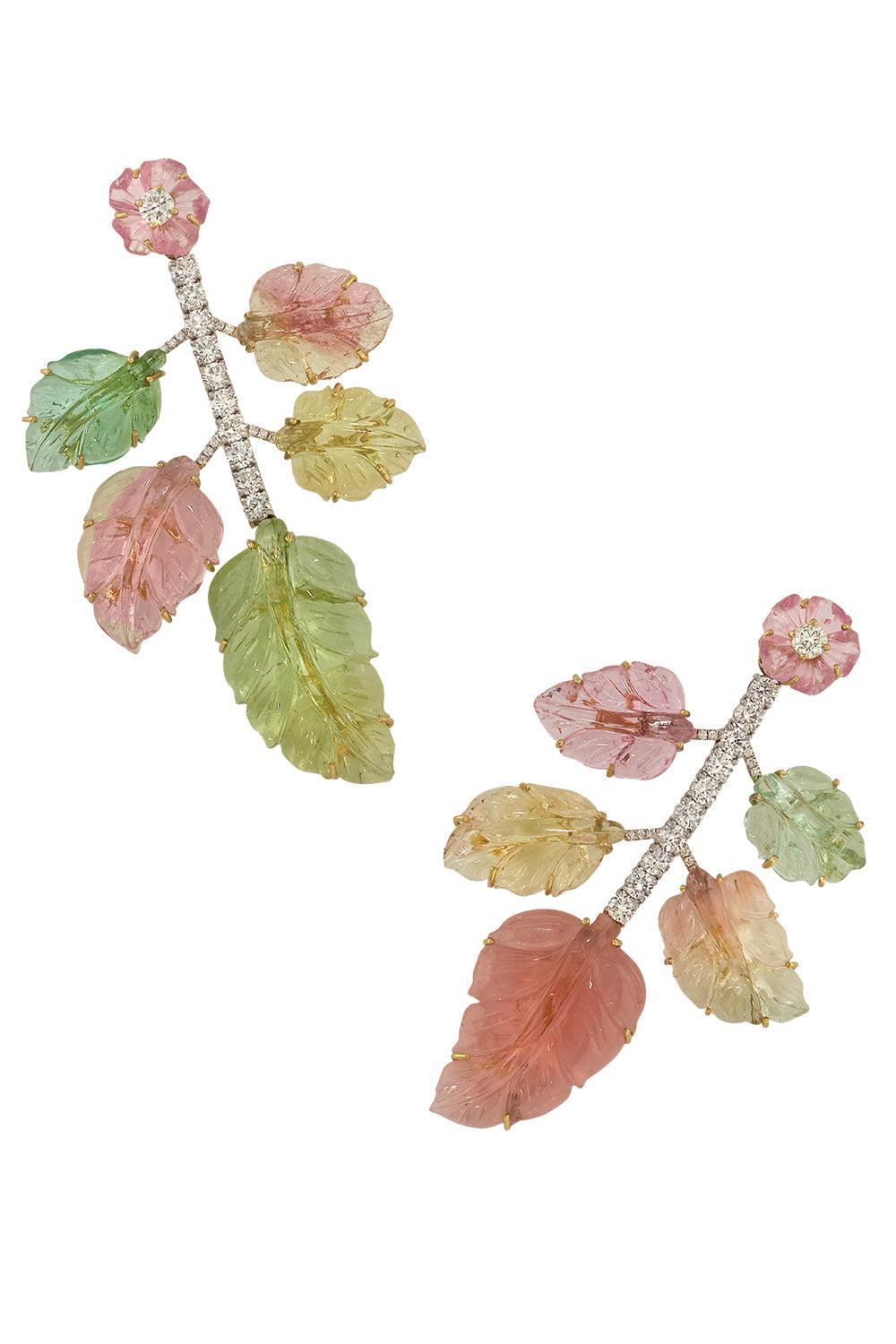 Diamond Tourmaline Flower Leaves Earrings-YELLOW GOLD-JEWELRYFINE JEWELEARRING-IRENE NEUWIRTH JEWELRY