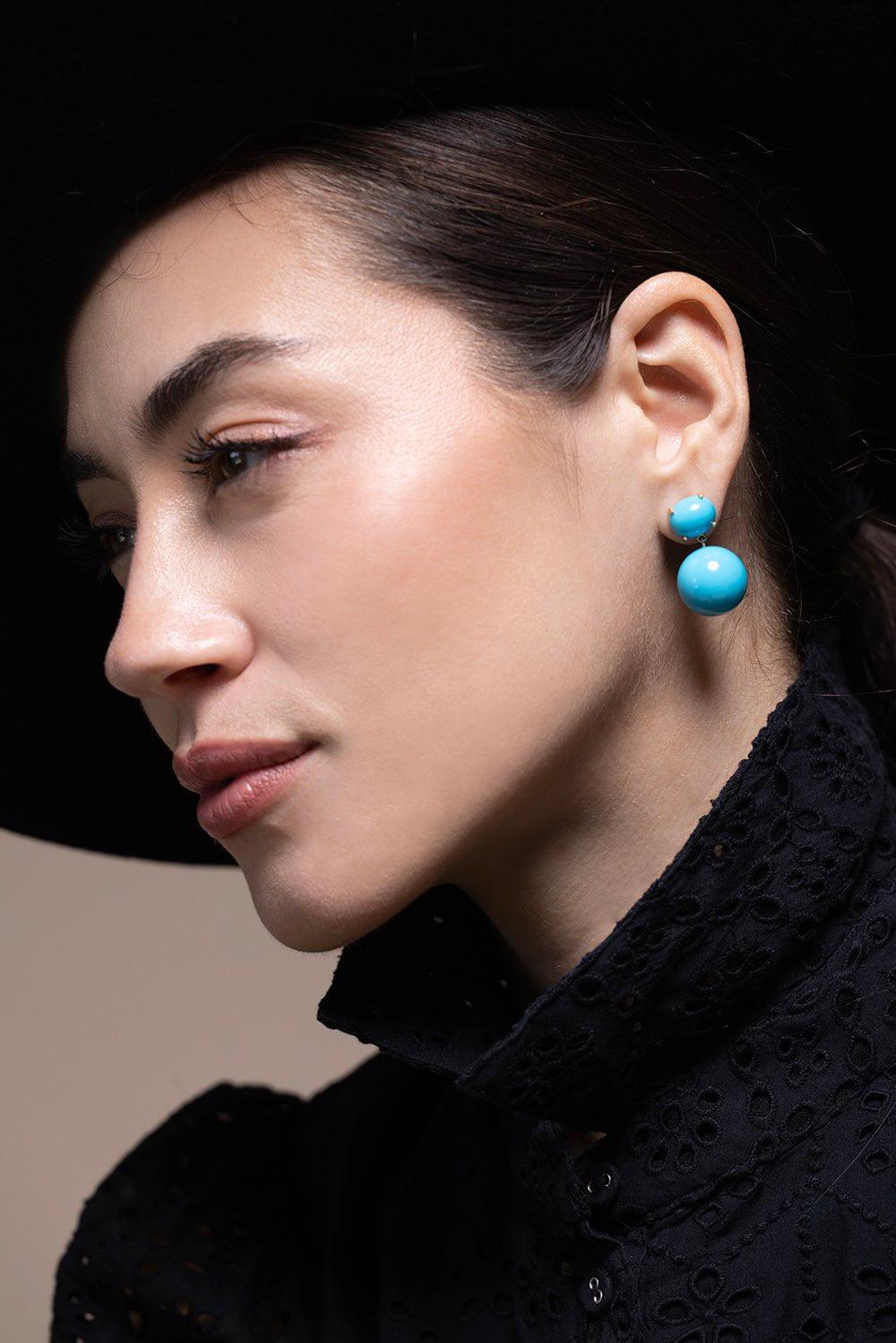 IRENE NEUWIRTH JEWELRY-Kingman Turquoise Gumball Earrings-YELLOW GOLD