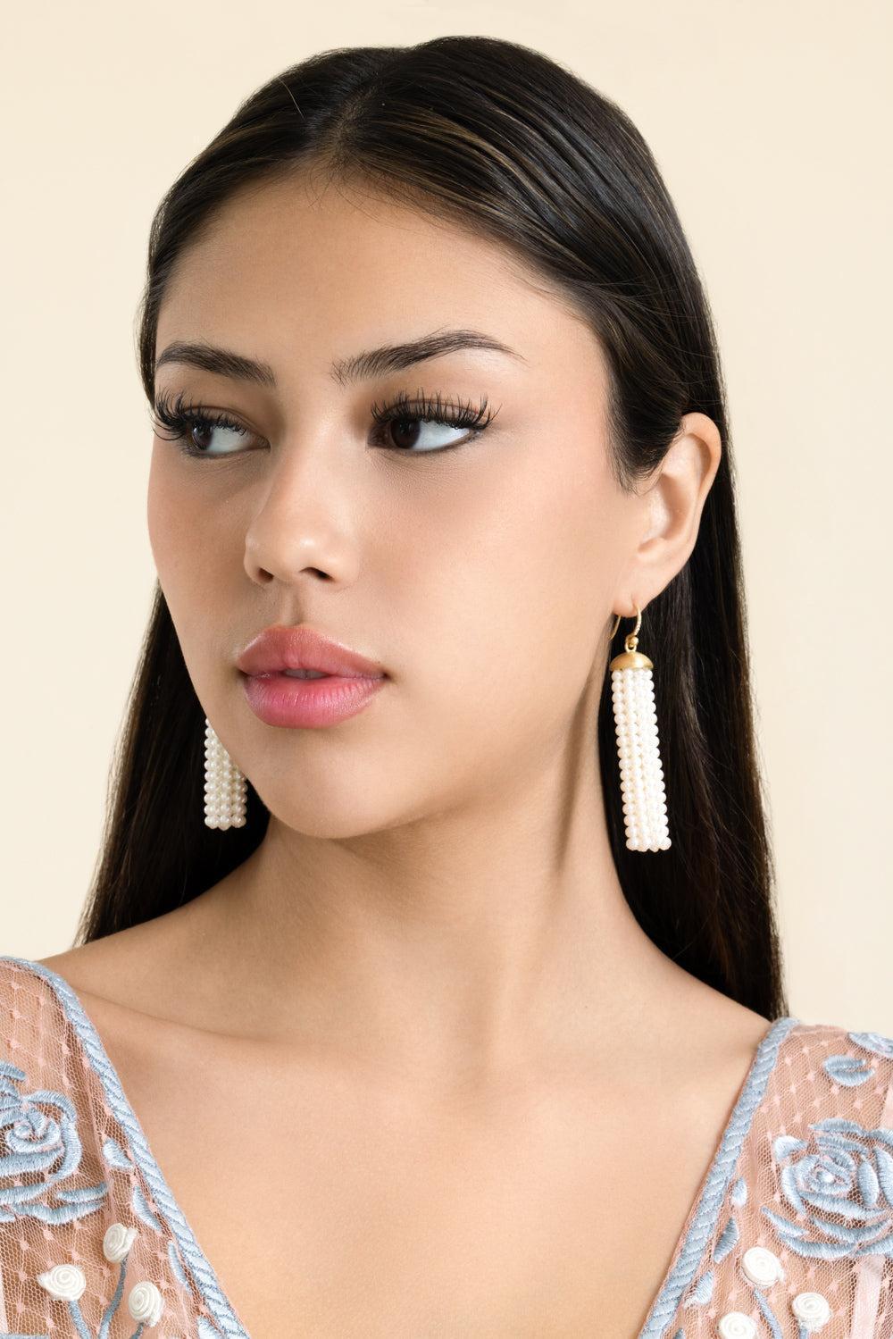 Pearl Diamond Medium Tassel Earrings-YELLOW GOLD-JEWELRYFINE JEWELEARRING-IRENE NEUWIRTH JEWELRY