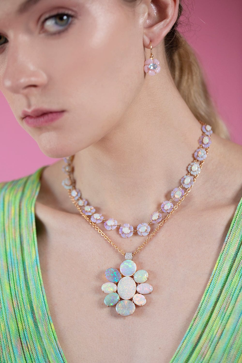 IRENE NEUWIRTH JEWELRY-Pink Opal Tropical Flower Earrings-YELLOW GOLD