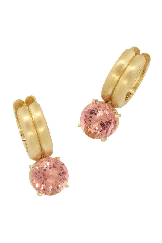 Pink Tourmaline Heroic Double Huggie Earrings-YELLOW GOLD-JEWELRYFINE JEWELEARRING-IRENE NEUWIRTH JEWELRY