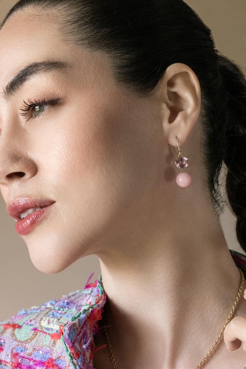 Pink Tourmaline Opal Gumball Earrings-YELLOW GOLD-JEWELRYFINE JEWELEARRING-IRENE NEUWIRTH JEWELRY