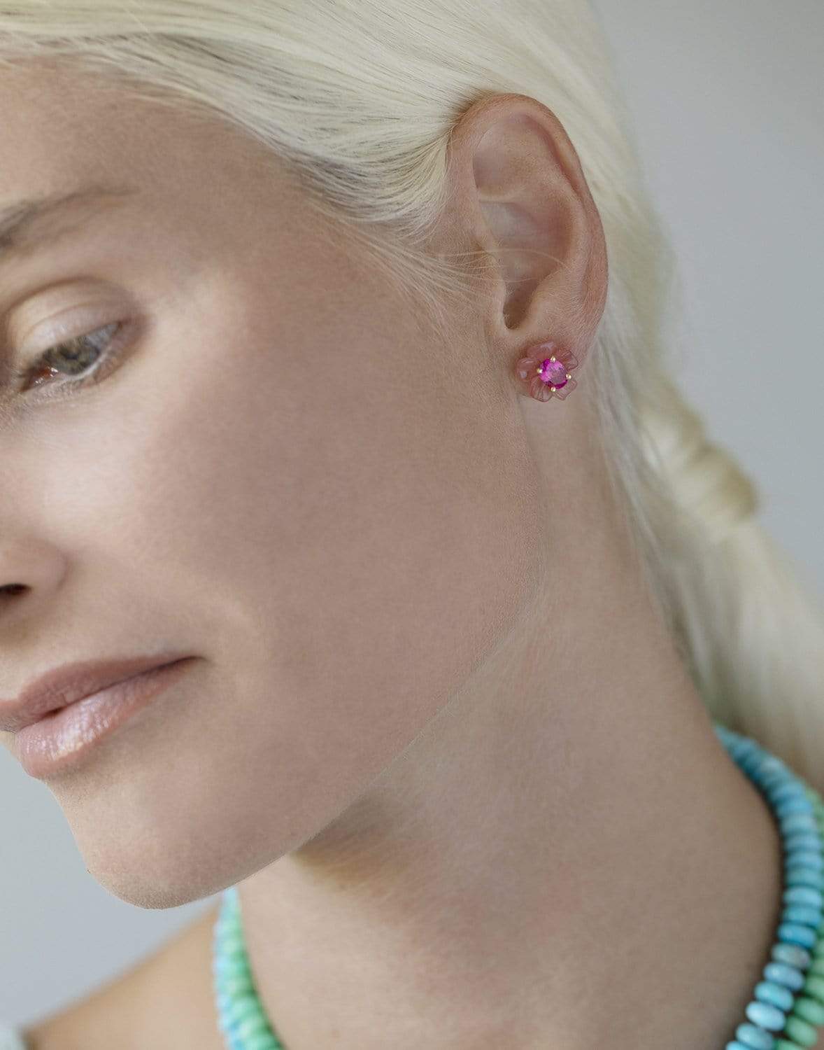 IRENE NEUWIRTH JEWELRY-Rhodochrosite and Pink Tourmaline Tropical Flower Studs-YELLOW GOLD