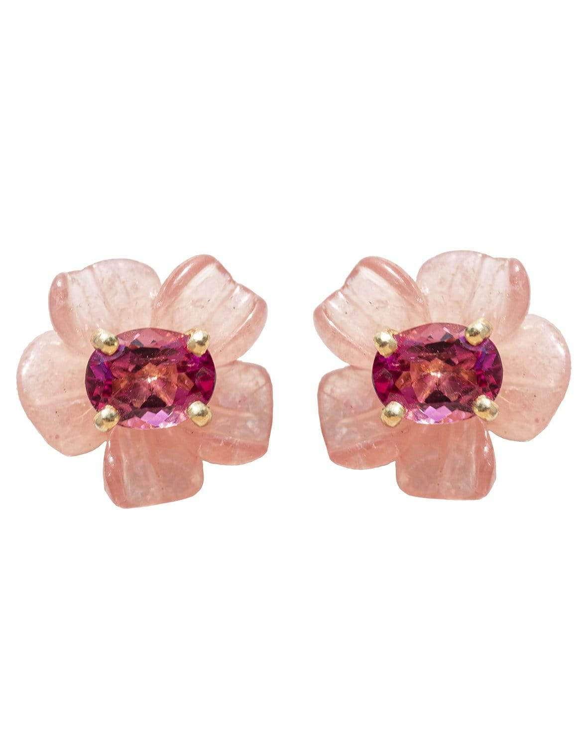 IRENE NEUWIRTH JEWELRY-Rhodochrosite and Pink Tourmaline Tropical Flower Studs-YELLOW GOLD