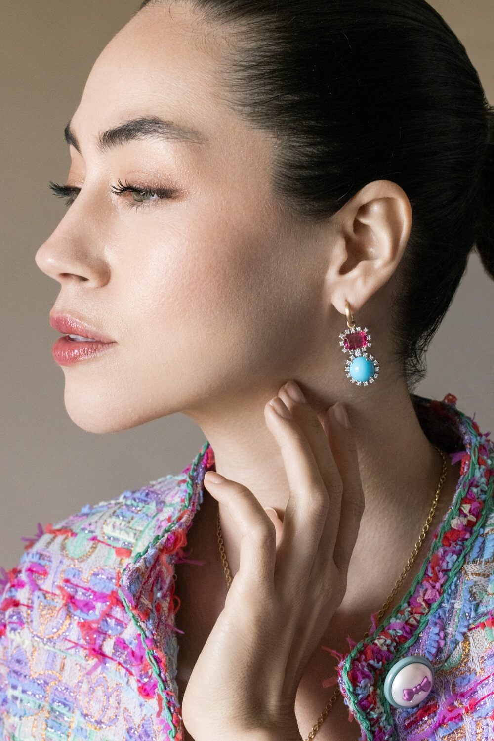 Rubellite Turquoise Gemmy Gem Earrings-YELLOW GOLD-JEWELRYFINE JEWELEARRING-IRENE NEUWIRTH JEWELRY