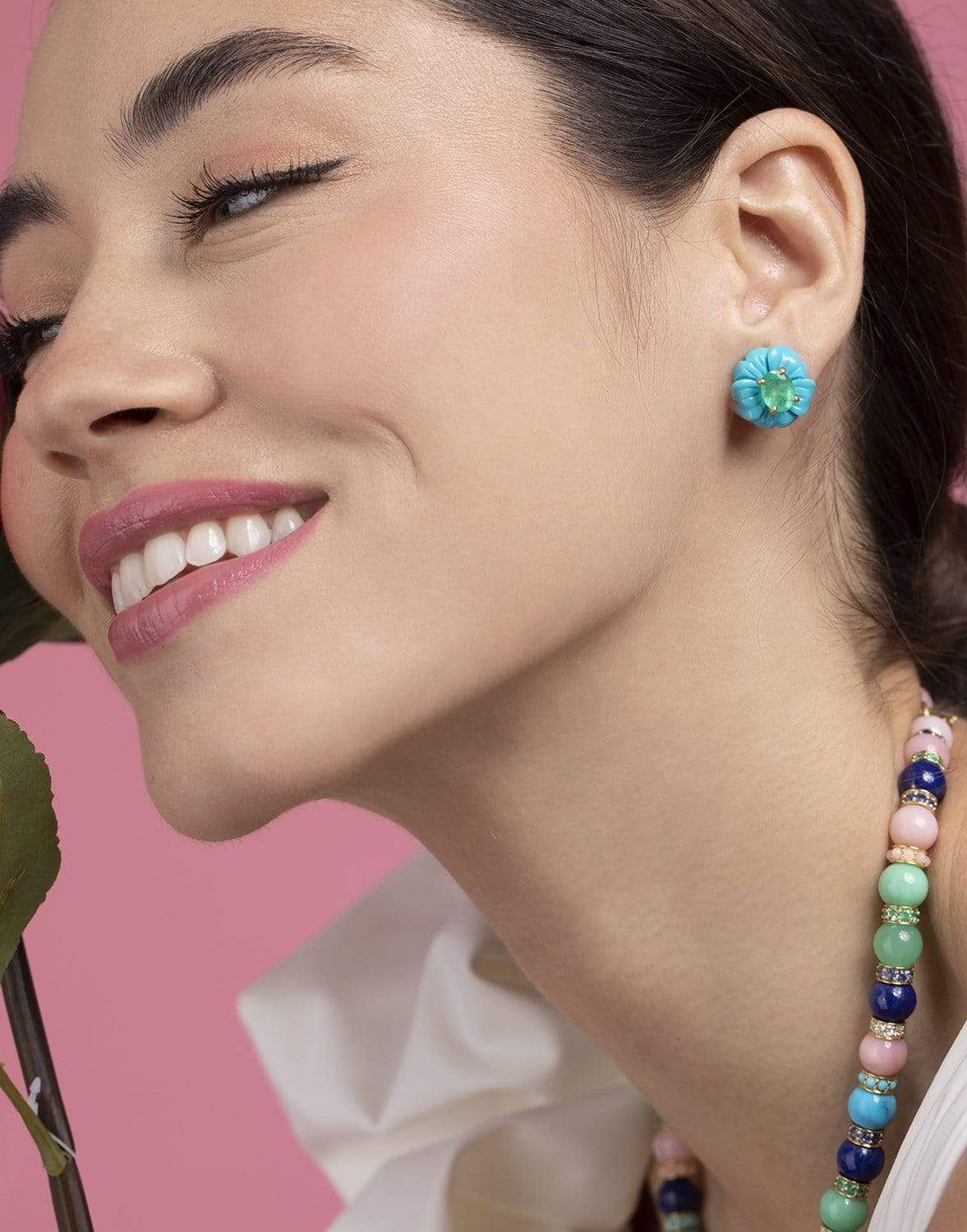 IRENE NEUWIRTH JEWELRY-Turquoise and Emerald Tropical Flower Studs-YELLOW GOLD