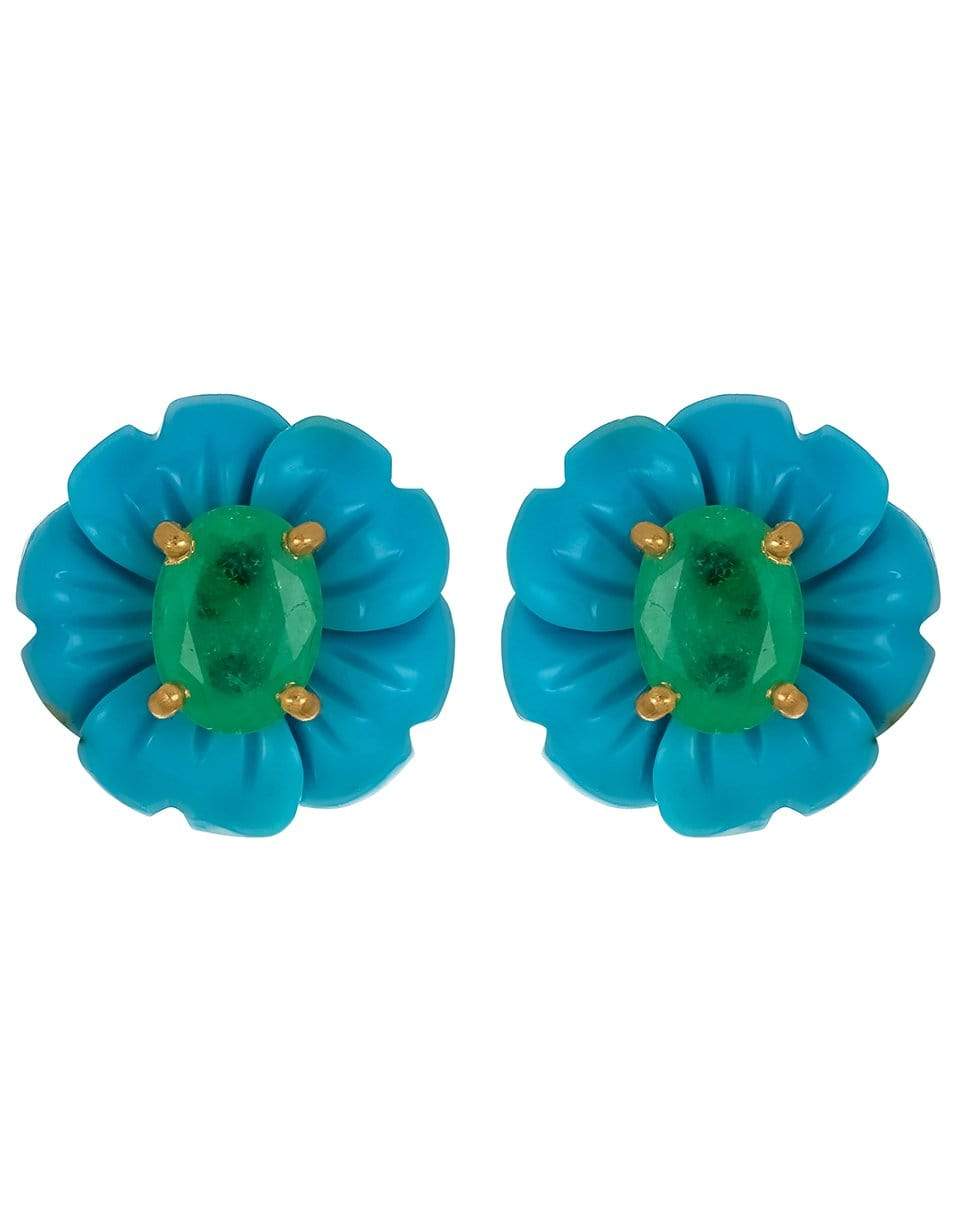 IRENE NEUWIRTH JEWELRY-Turquoise and Emerald Tropical Flower Studs-YELLOW GOLD