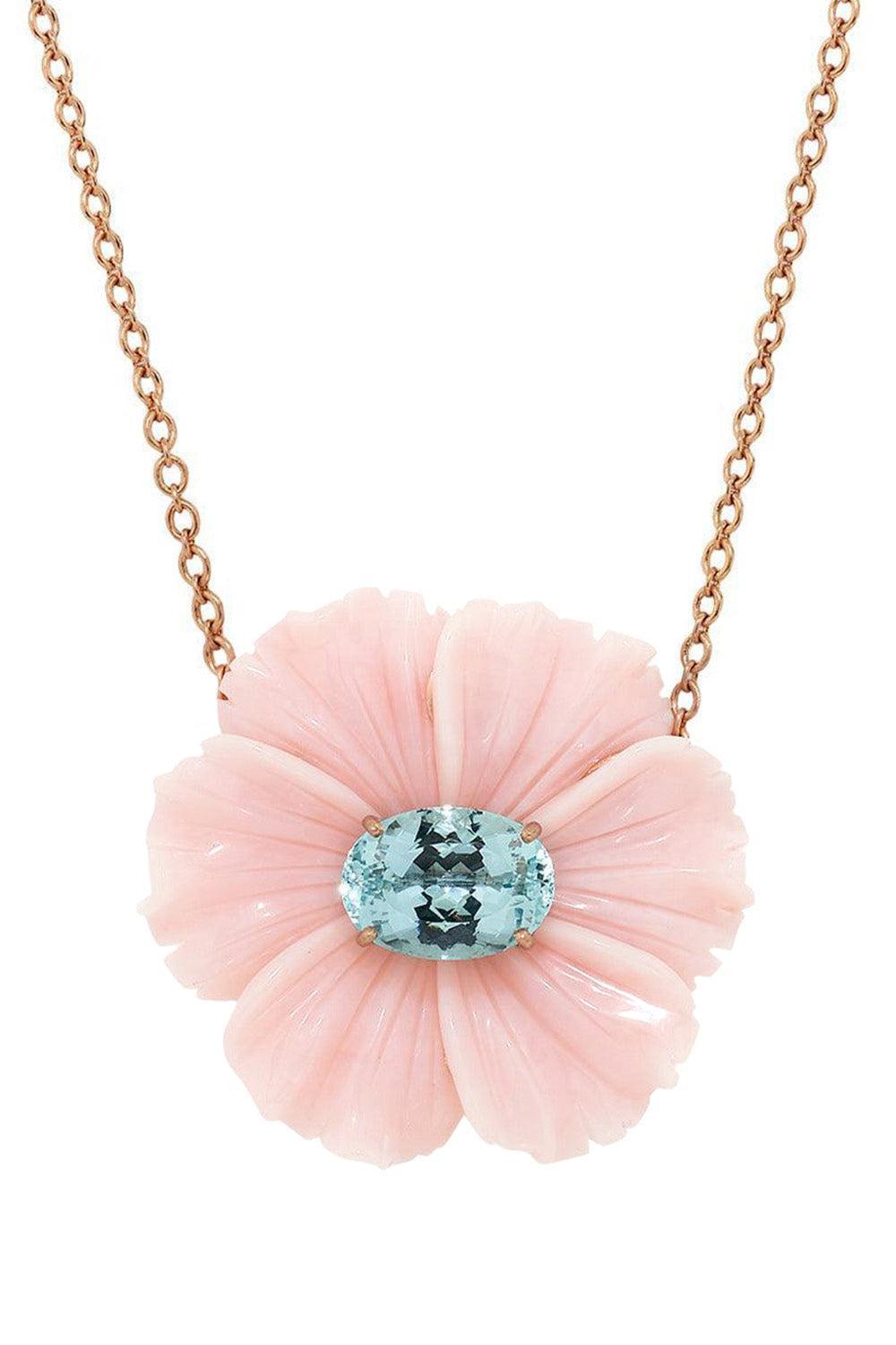 Aquamarine Pink Opal Tropical Flower Necklace-ROSE GOLD-16-JEWELRYFINE JEWELNECKLACE O-IRENE NEUWIRTH JEWELRY