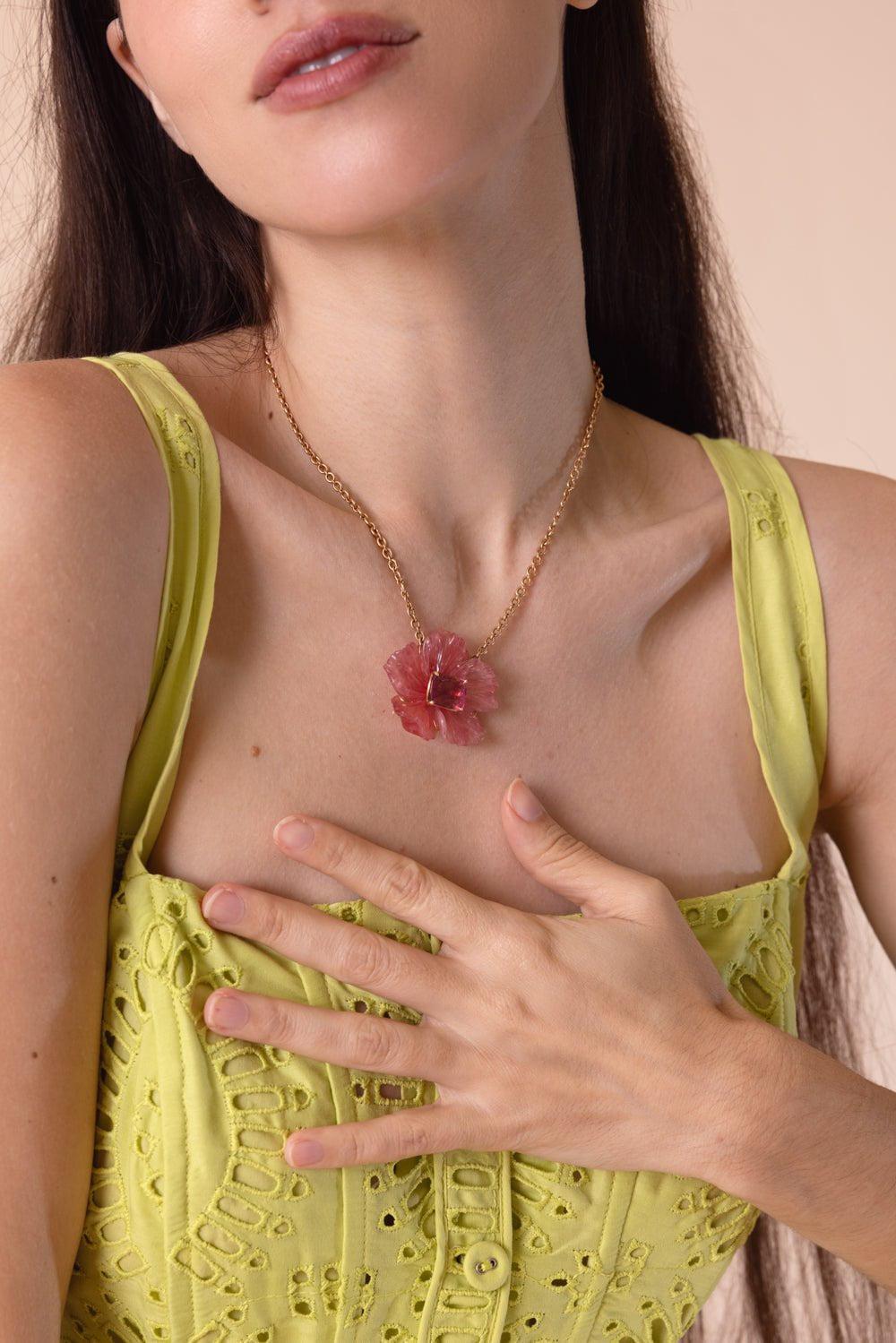 IRENE NEUWIRTH JEWELRY-Botanical Rhodochrosite Tropical Flower Necklace-ROSE GOLD