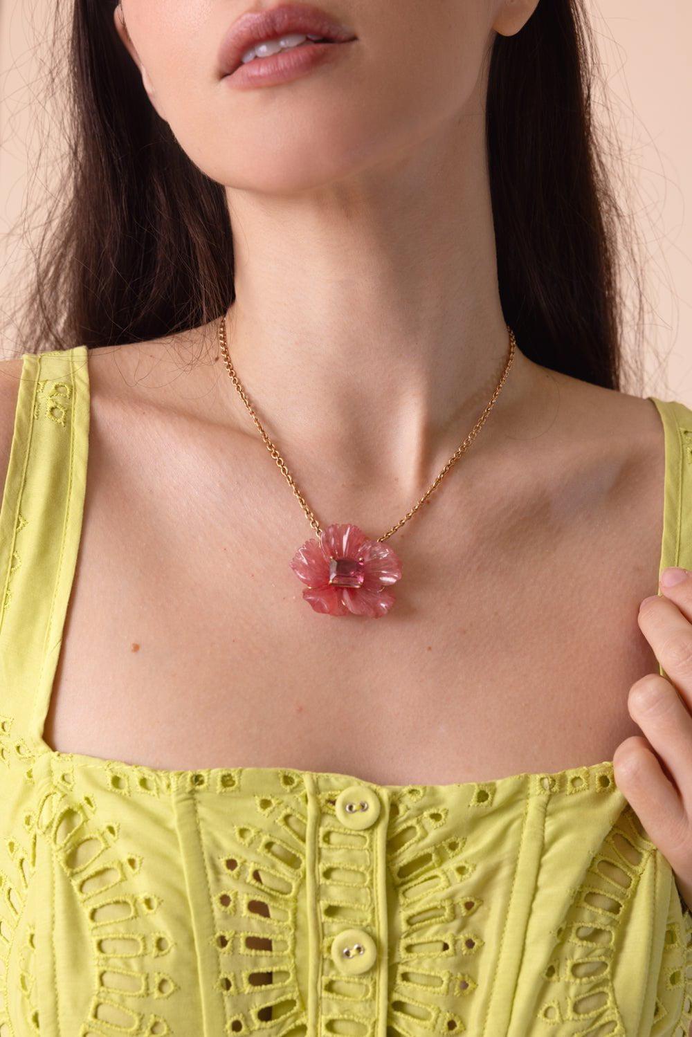 IRENE NEUWIRTH JEWELRY-Botanical Rhodochrosite Tropical Flower Necklace-ROSE GOLD