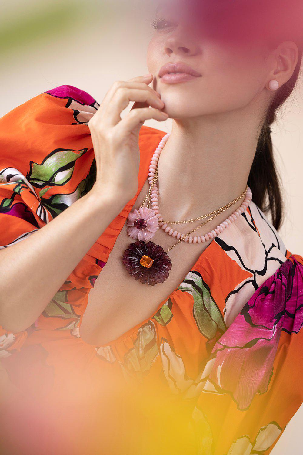 IRENE NEUWIRTH JEWELRY-Carved Pink Tourmaline Tropical Flower Necklace-ROSE GOLD