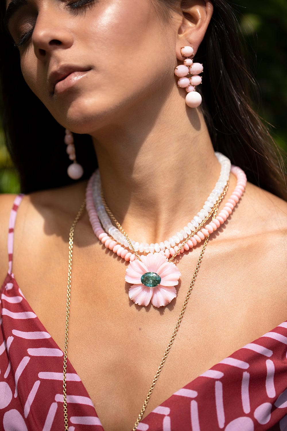IRENE NEUWIRTH JEWELRY-Pink Opal and Green Tourmaline Tropical Flower Necklace-ROSE GOLD