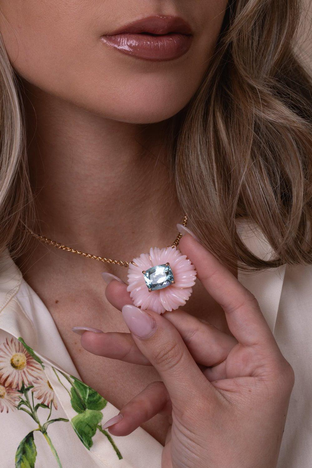 IRENE NEUWIRTH JEWELRY-Tropical Flower Pink Opal Aquamarine Necklace-ROSE GOLD