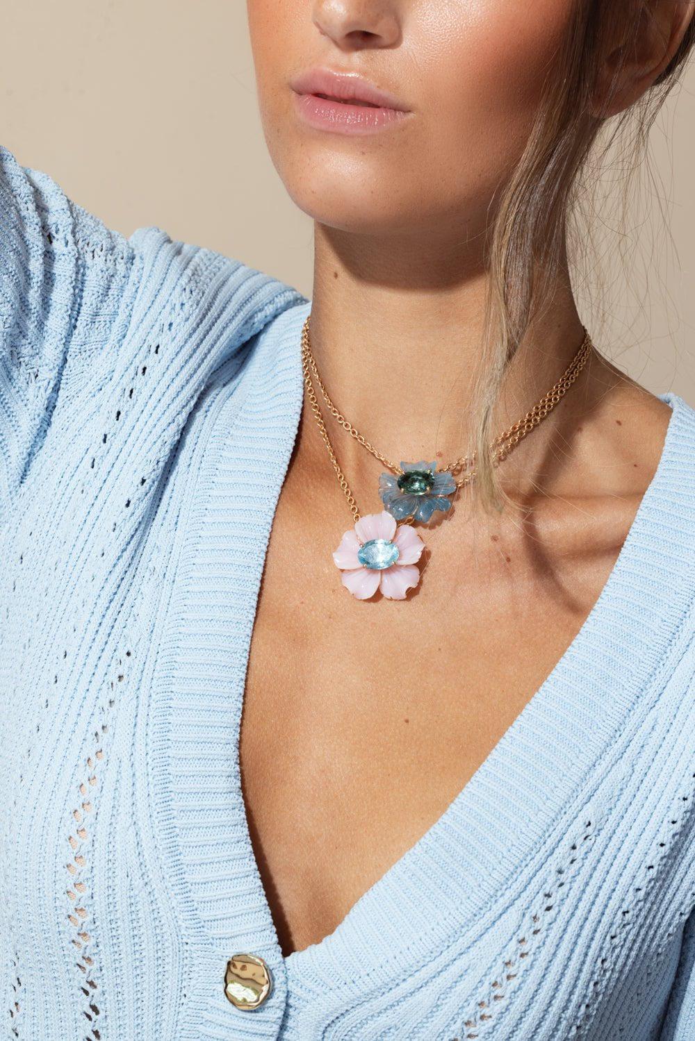 IRENE NEUWIRTH JEWELRY-Tropical Flower Pink Opal Aquamarine Necklace-ROSE GOLD