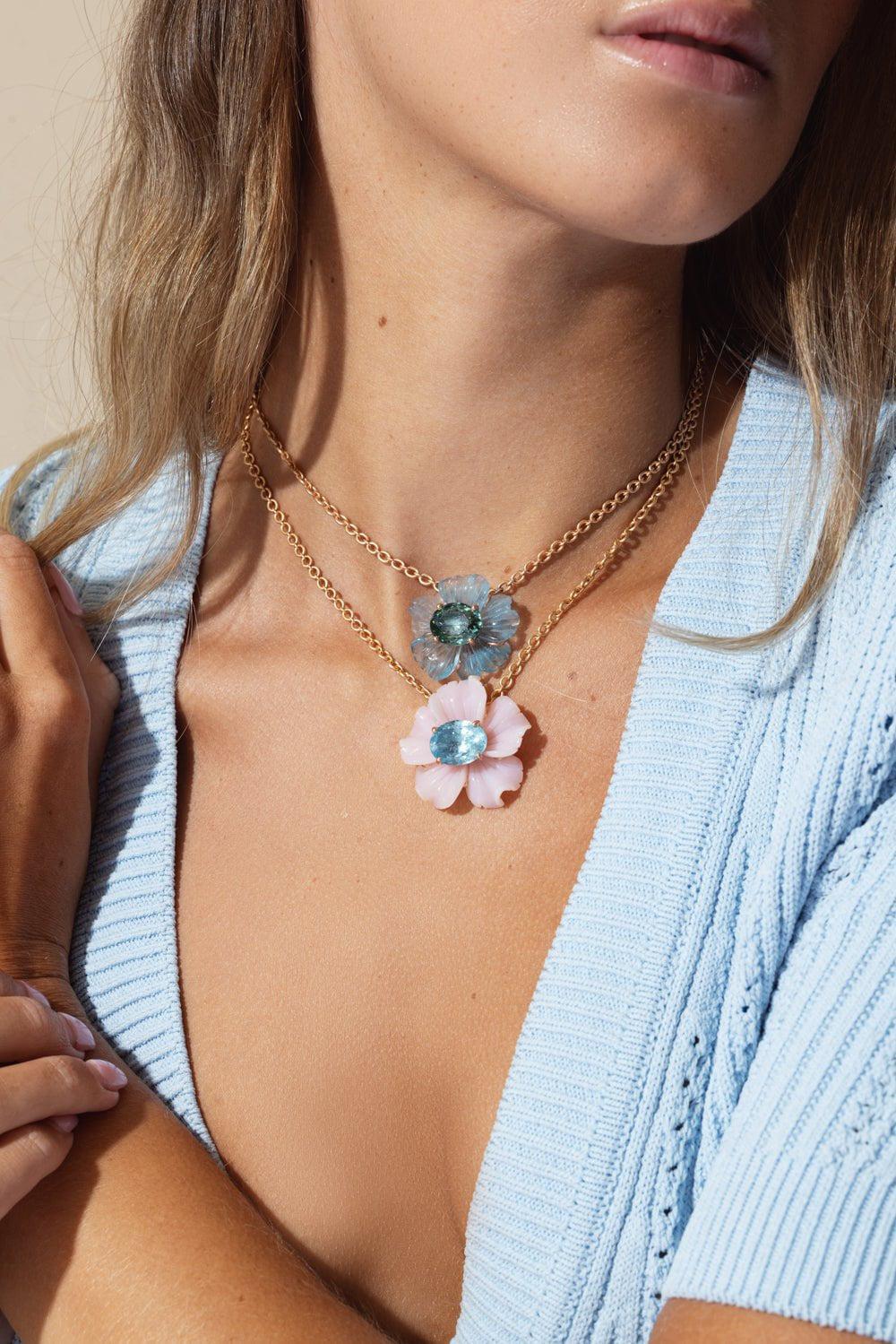 IRENE NEUWIRTH JEWELRY-Tropical Flower Pink Opal Aquamarine Necklace-ROSE GOLD