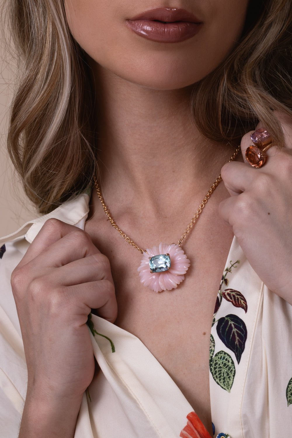 IRENE NEUWIRTH JEWELRY-Tropical Flower Pink Opal Aquamarine Necklace-ROSE GOLD