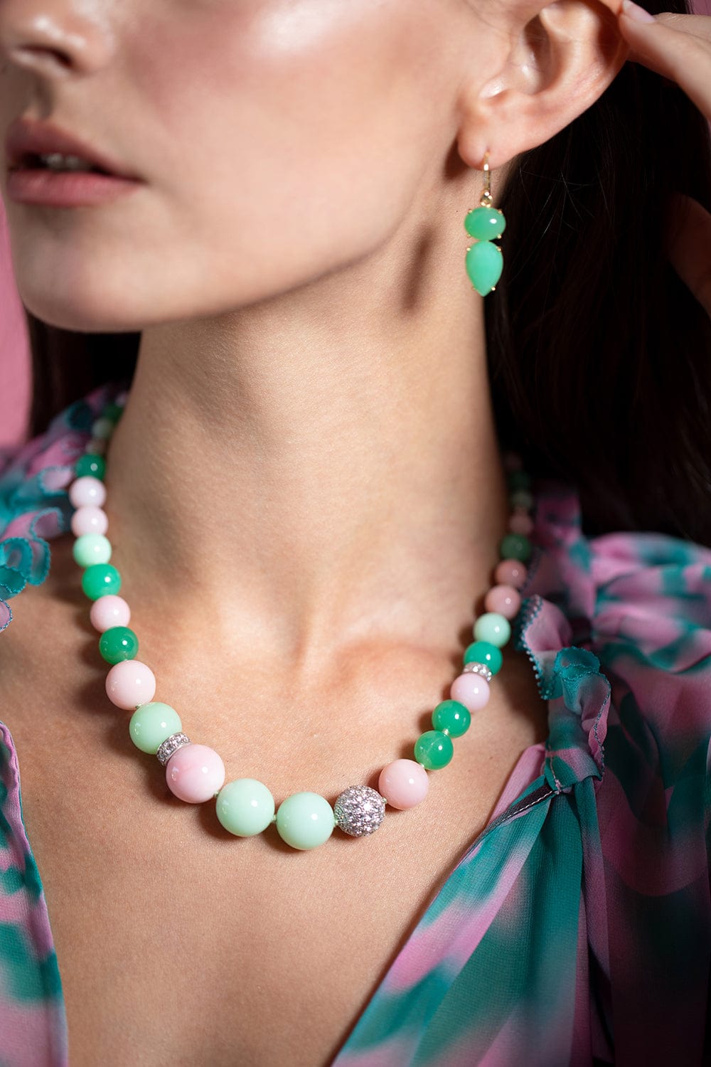 IRENE NEUWIRTH JEWELRY-Chrysoprase and Pink Opal Gumball Necklace-WHITE GOLD