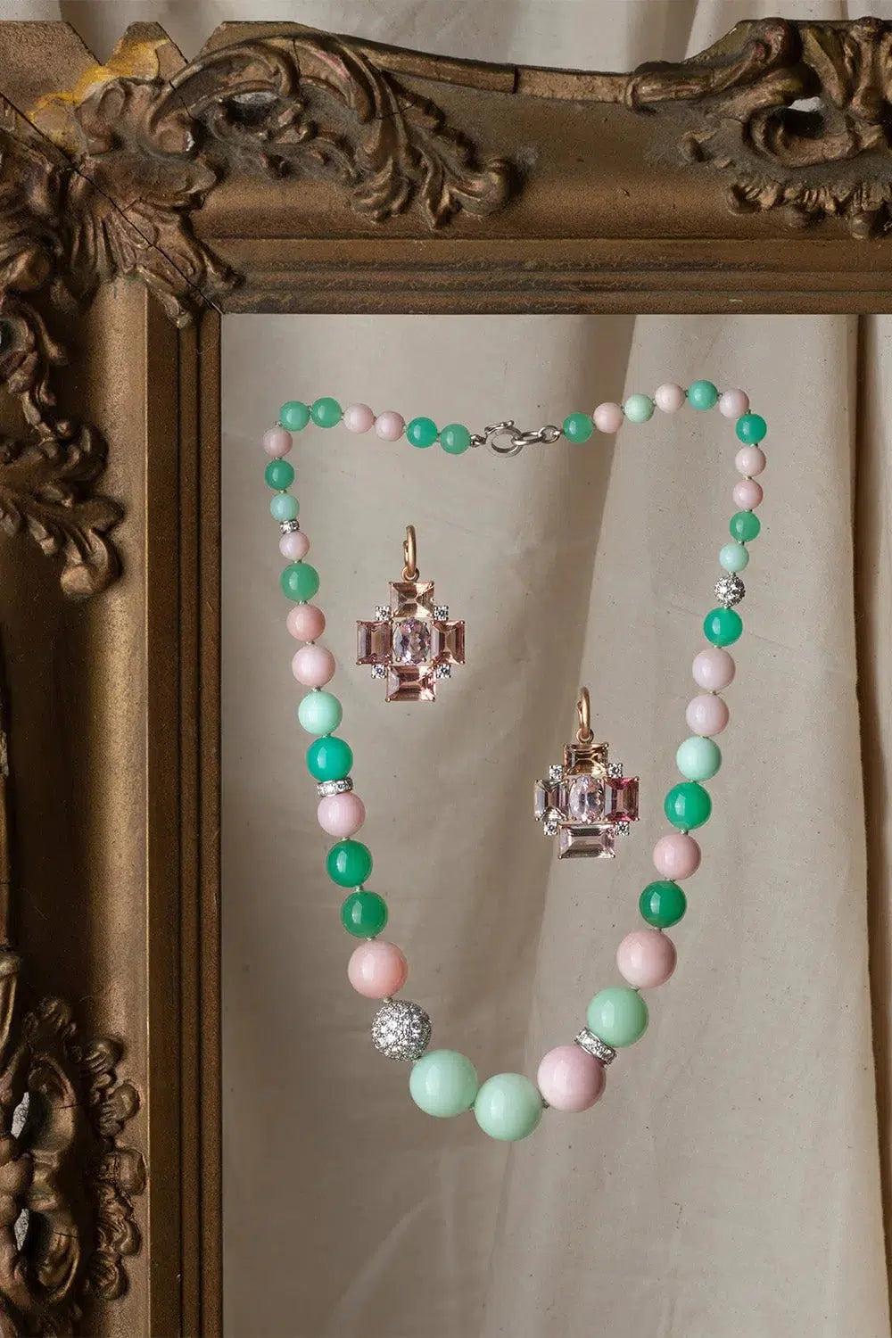 IRENE NEUWIRTH JEWELRY-Chrysoprase and Pink Opal Gumball Necklace-WHITE GOLD