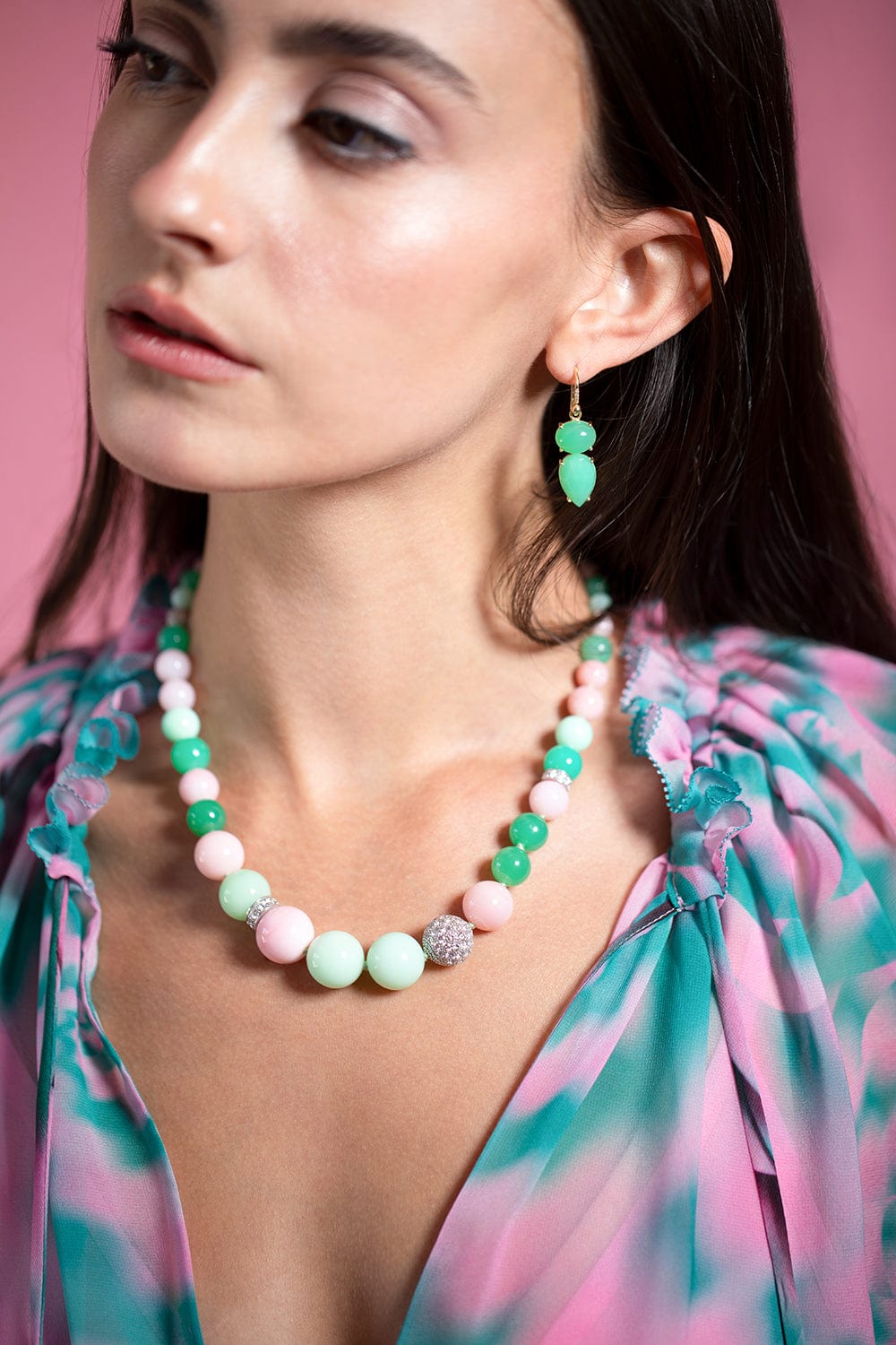 IRENE NEUWIRTH JEWELRY-Chrysoprase and Pink Opal Gumball Necklace-WHITE GOLD