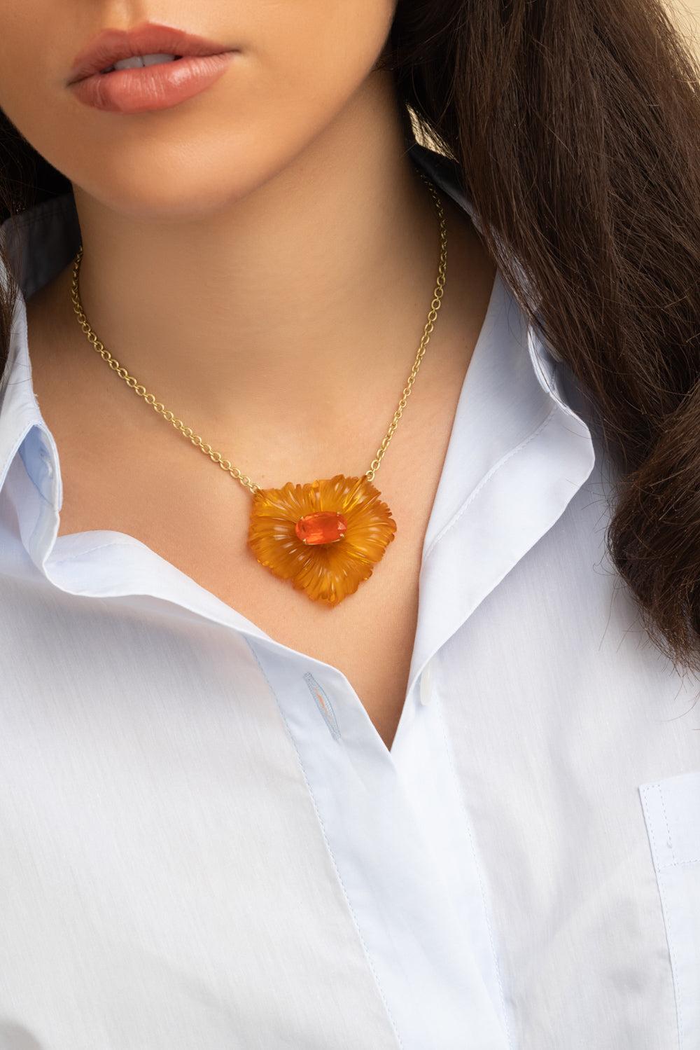Amber Fire Opal Tropical Flower Necklace-YELLOW GOLD-16-JEWELRYFINE JEWELNECKLACE O-IRENE NEUWIRTH JEWELRY