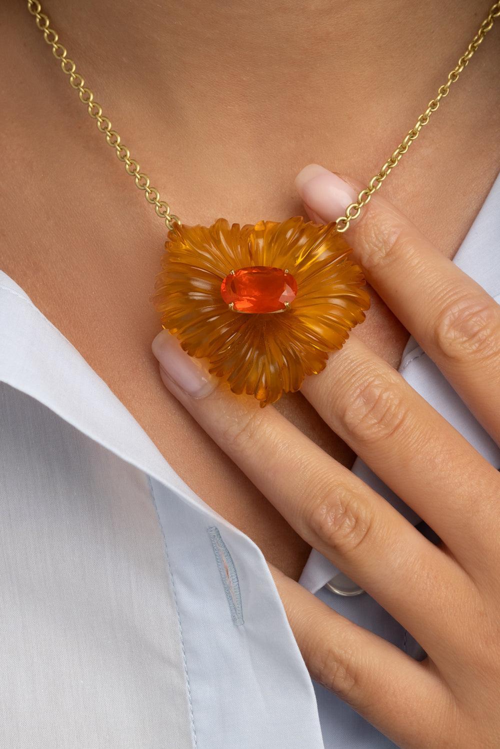 Amber Fire Opal Tropical Flower Necklace-YELLOW GOLD-16-JEWELRYFINE JEWELNECKLACE O-IRENE NEUWIRTH JEWELRY