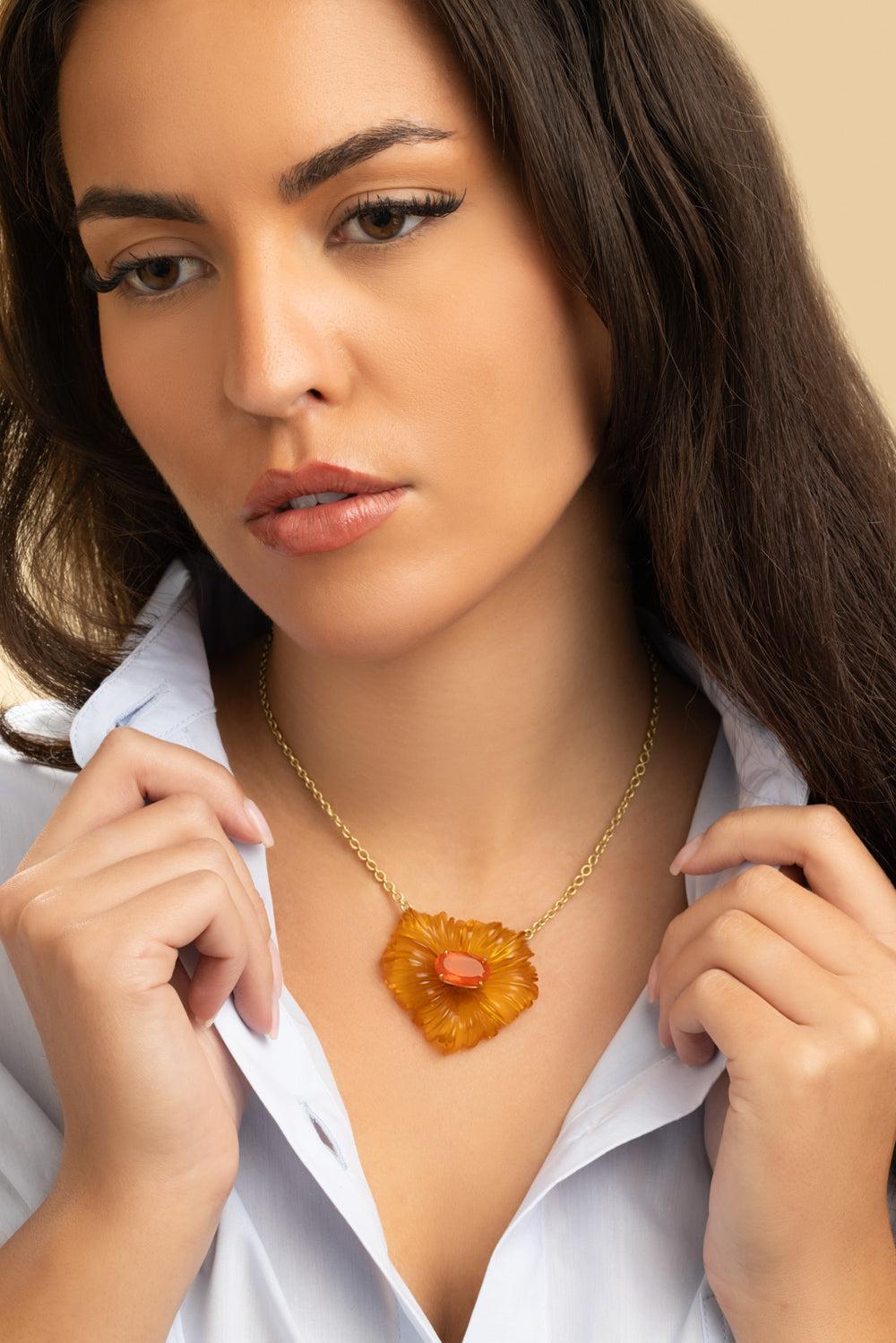 Amber Fire Opal Tropical Flower Necklace-YELLOW GOLD-16-JEWELRYFINE JEWELNECKLACE O-IRENE NEUWIRTH JEWELRY