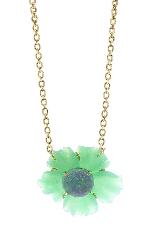Opal Chrysoprase Tropical Flower Necklace-YELLOW GOLD-16-JEWELRYFINE JEWELNECKLACE O-IRENE NEUWIRTH JEWELRY