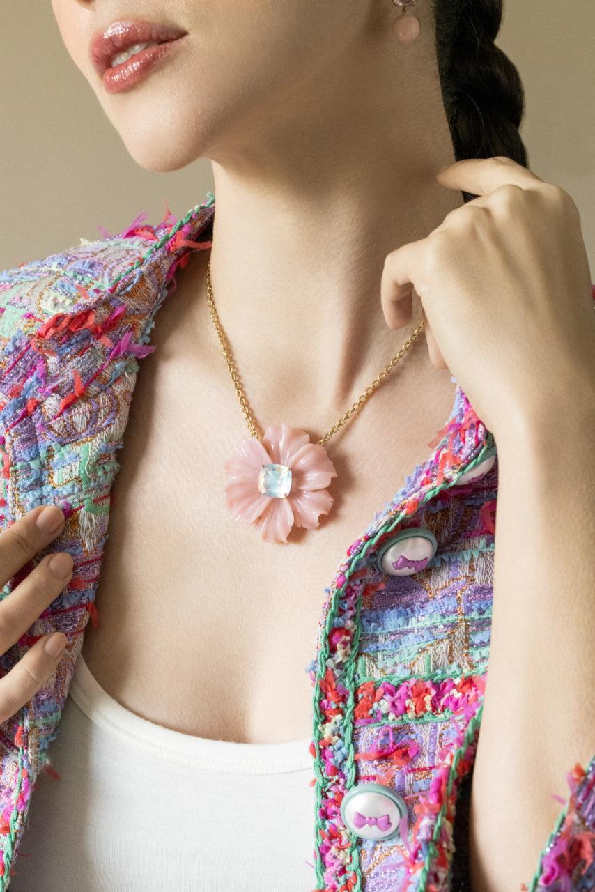 Pink Opal Rainbow Moonstone Tropical Flower Necklace-YELLOW GOLD-16-JEWELRYFINE JEWELNECKLACE O-IRENE NEUWIRTH JEWELRY
