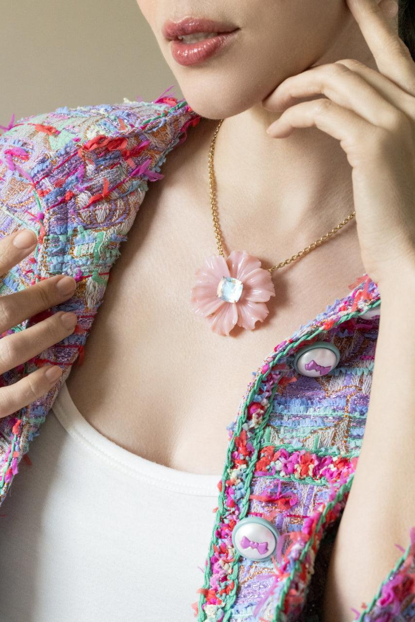 Pink Opal Rainbow Moonstone Tropical Flower Necklace-YELLOW GOLD-16-JEWELRYFINE JEWELNECKLACE O-IRENE NEUWIRTH JEWELRY
