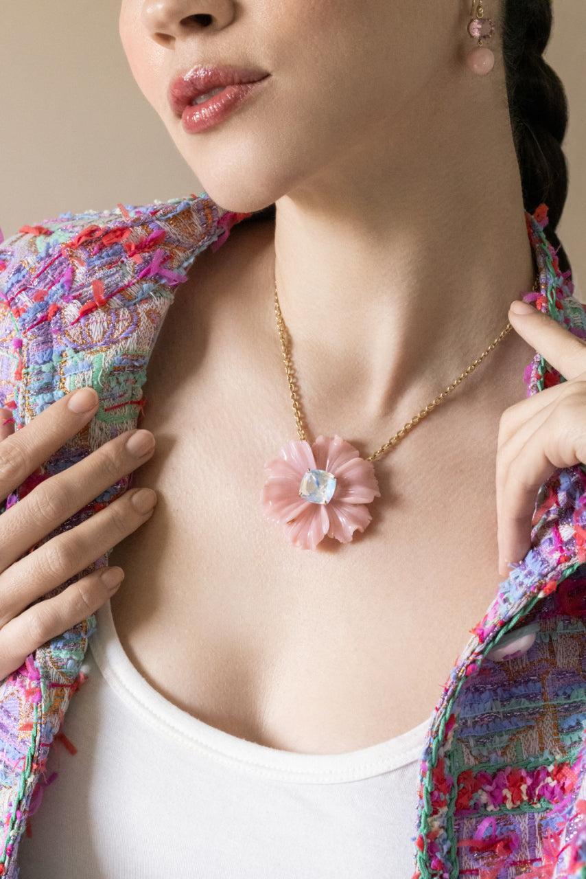 Pink Opal Rainbow Moonstone Tropical Flower Necklace-YELLOW GOLD-16-JEWELRYFINE JEWELNECKLACE O-IRENE NEUWIRTH JEWELRY