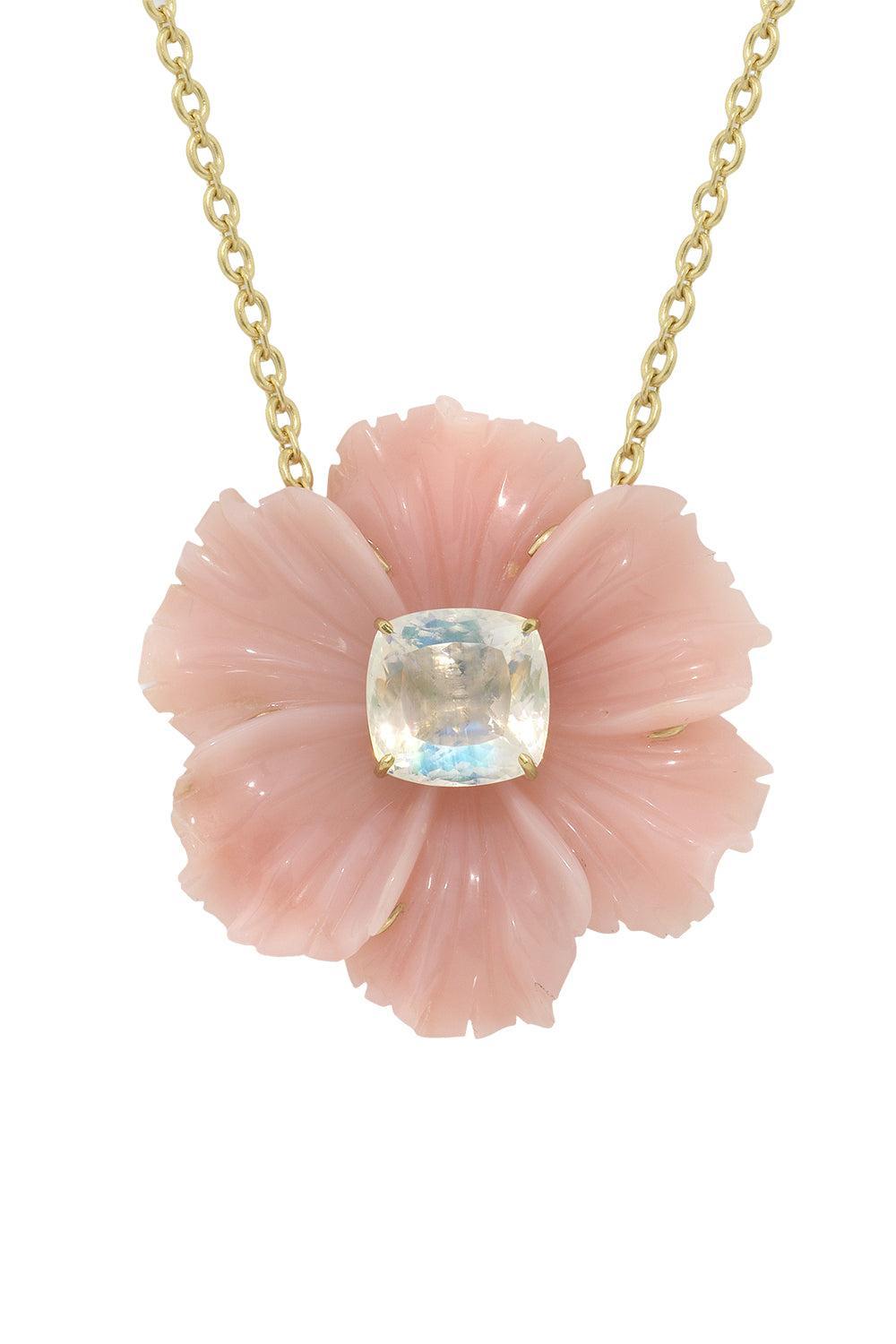 Pink Opal Rainbow Moonstone Tropical Flower Necklace-YELLOW GOLD-16-JEWELRYFINE JEWELNECKLACE O-IRENE NEUWIRTH JEWELRY