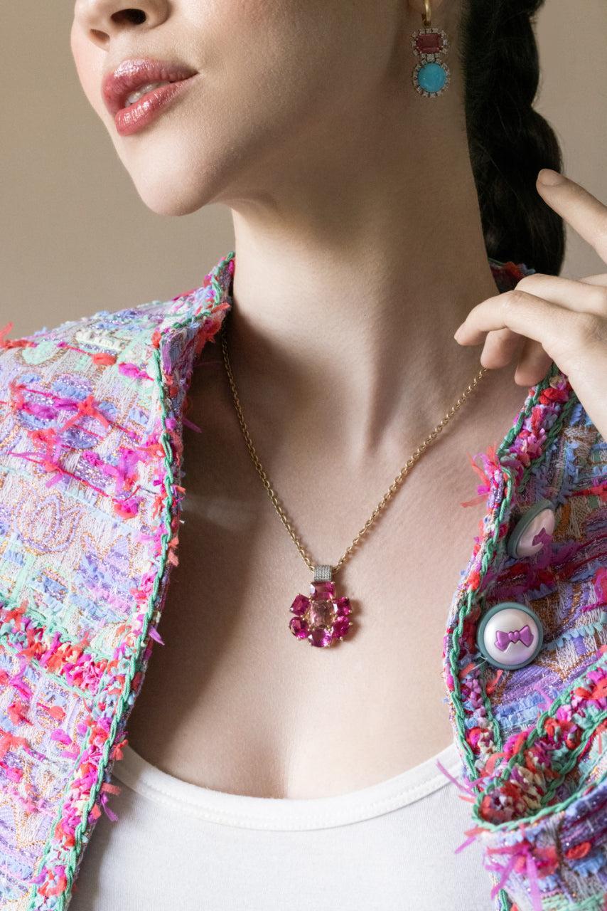Rubellite Pink Tourmaline Gemmy Gem Floret Necklace-YELLOW GOLD-18-JEWELRYFINE JEWELNECKLACE O-IRENE NEUWIRTH JEWELRY
