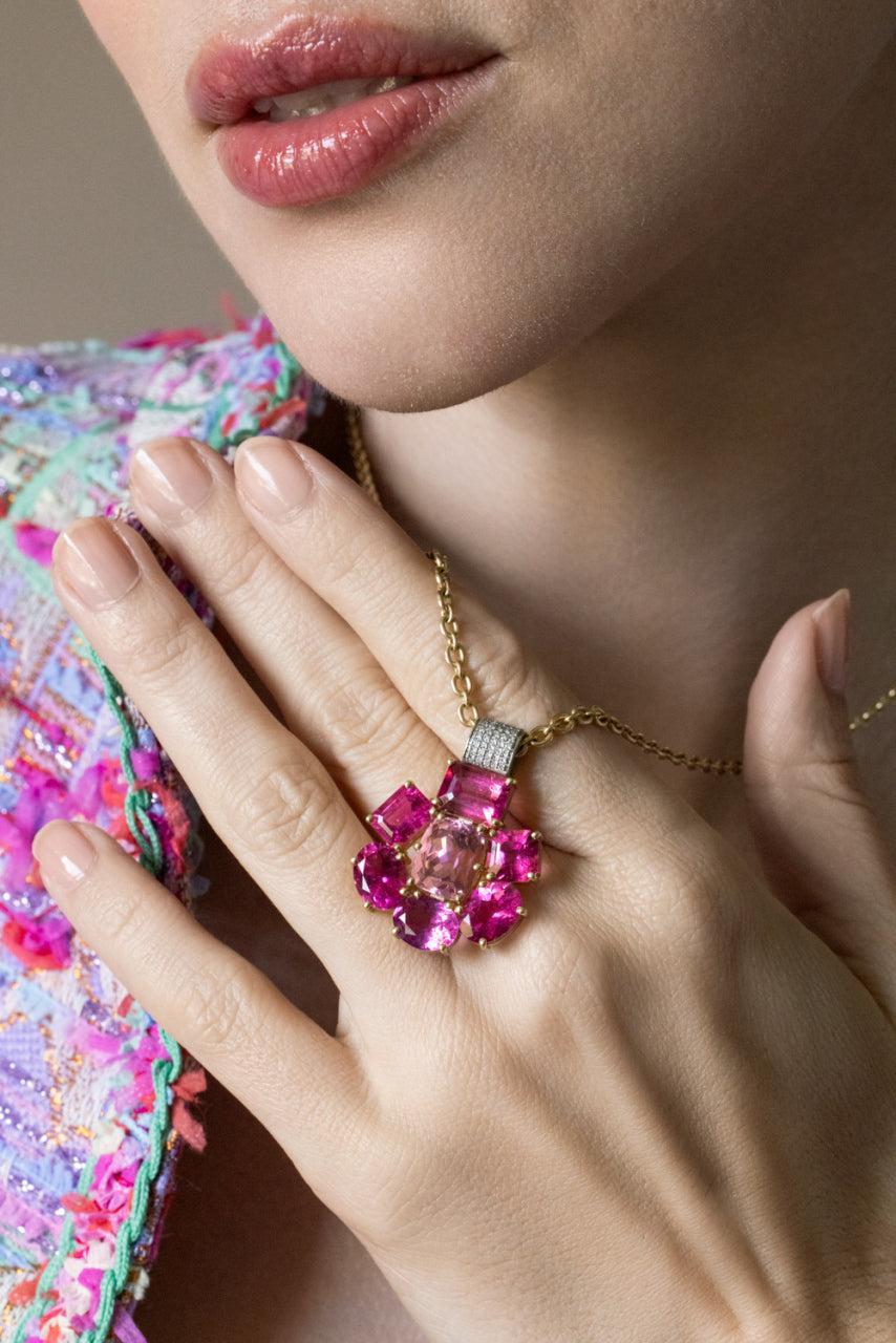 Rubellite Pink Tourmaline Gemmy Gem Floret Necklace-YELLOW GOLD-18-JEWELRYFINE JEWELNECKLACE O-IRENE NEUWIRTH JEWELRY