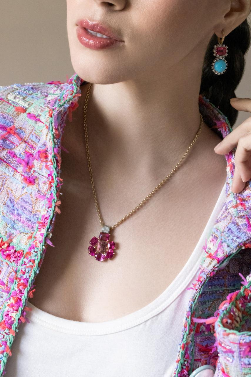 Rubellite Pink Tourmaline Gemmy Gem Floret Necklace-YELLOW GOLD-18-JEWELRYFINE JEWELNECKLACE O-IRENE NEUWIRTH JEWELRY
