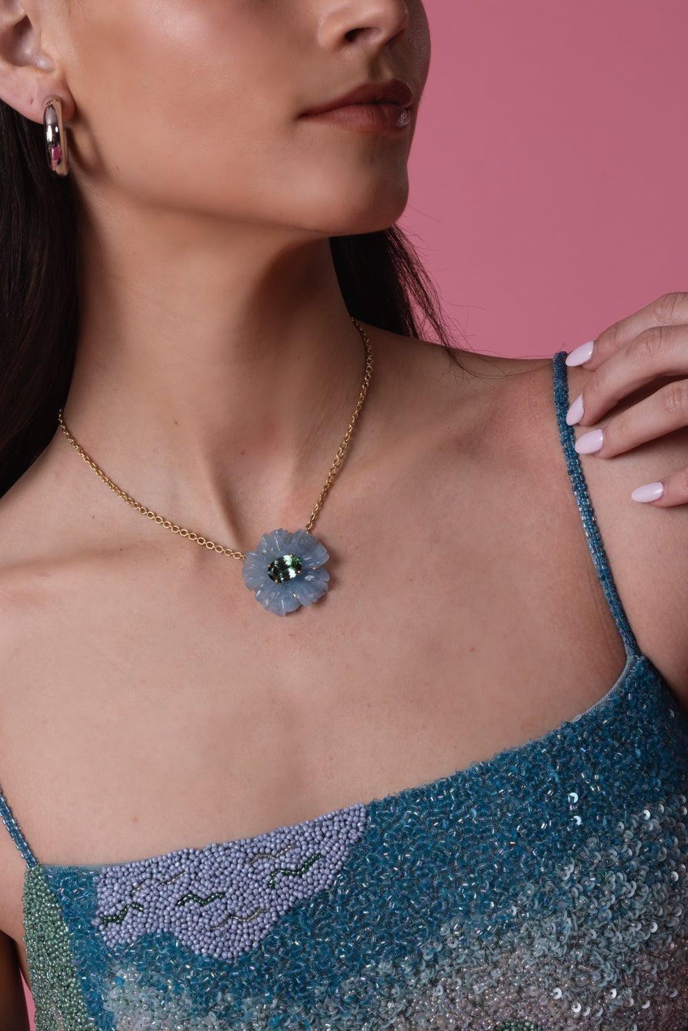 IRENE NEUWIRTH JEWELRY-Aquamarine Botanical Tropical Flower Necklace-YELLOW GOLD