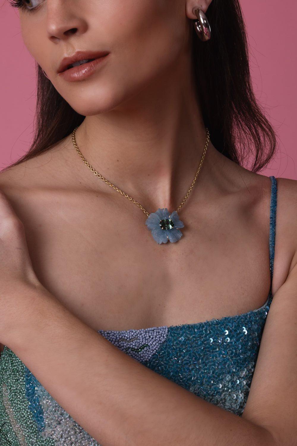 IRENE NEUWIRTH JEWELRY-Aquamarine Botanical Tropical Flower Necklace-YELLOW GOLD