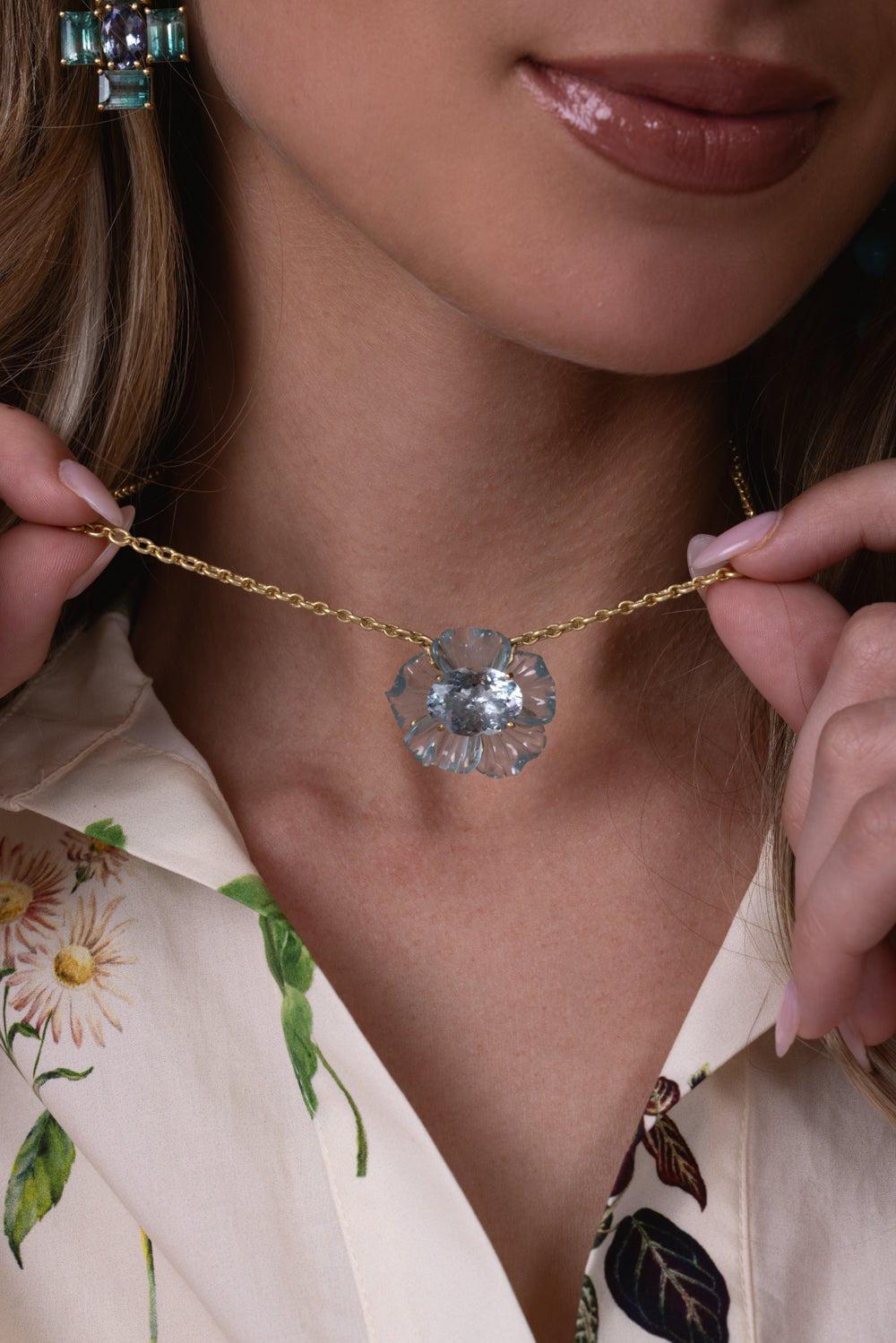 IRENE NEUWIRTH JEWELRY-Aquamarine Tropical Flower Necklace-YELLOW GOLD