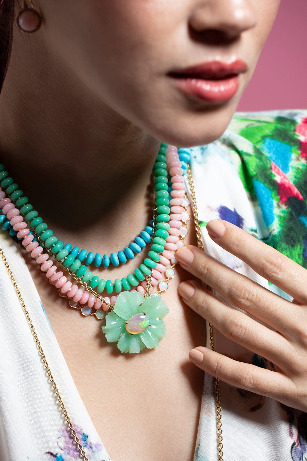 IRENE NEUWIRTH JEWELRY-Chrysoprase Tropical Flower Necklace-YELLOW GOLD