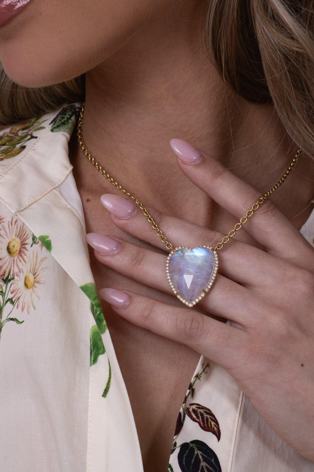 Diamond Rainbow Moonstone Heart Necklace