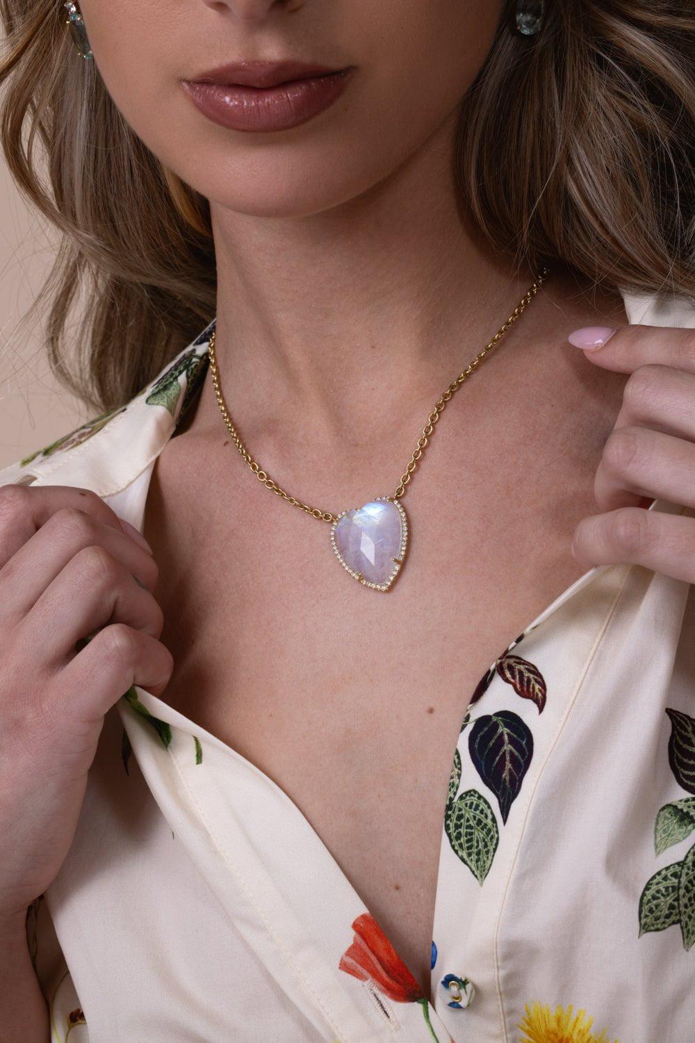 Diamond Rainbow Moonstone Heart Necklace