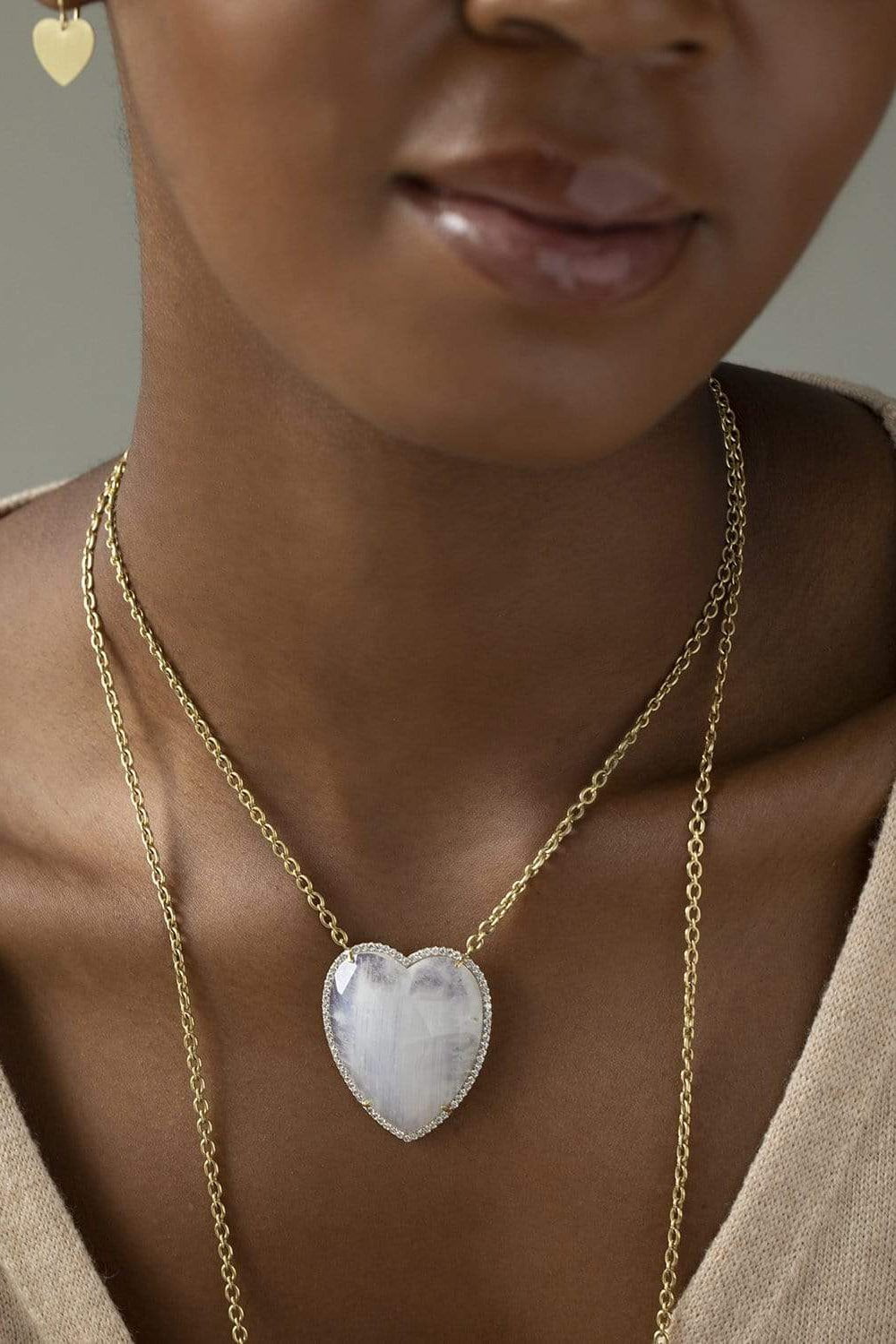 IRENE NEUWIRTH JEWELRY-Rainbow Moonstone and Diamond Heart Necklace-YELLOW GOLD