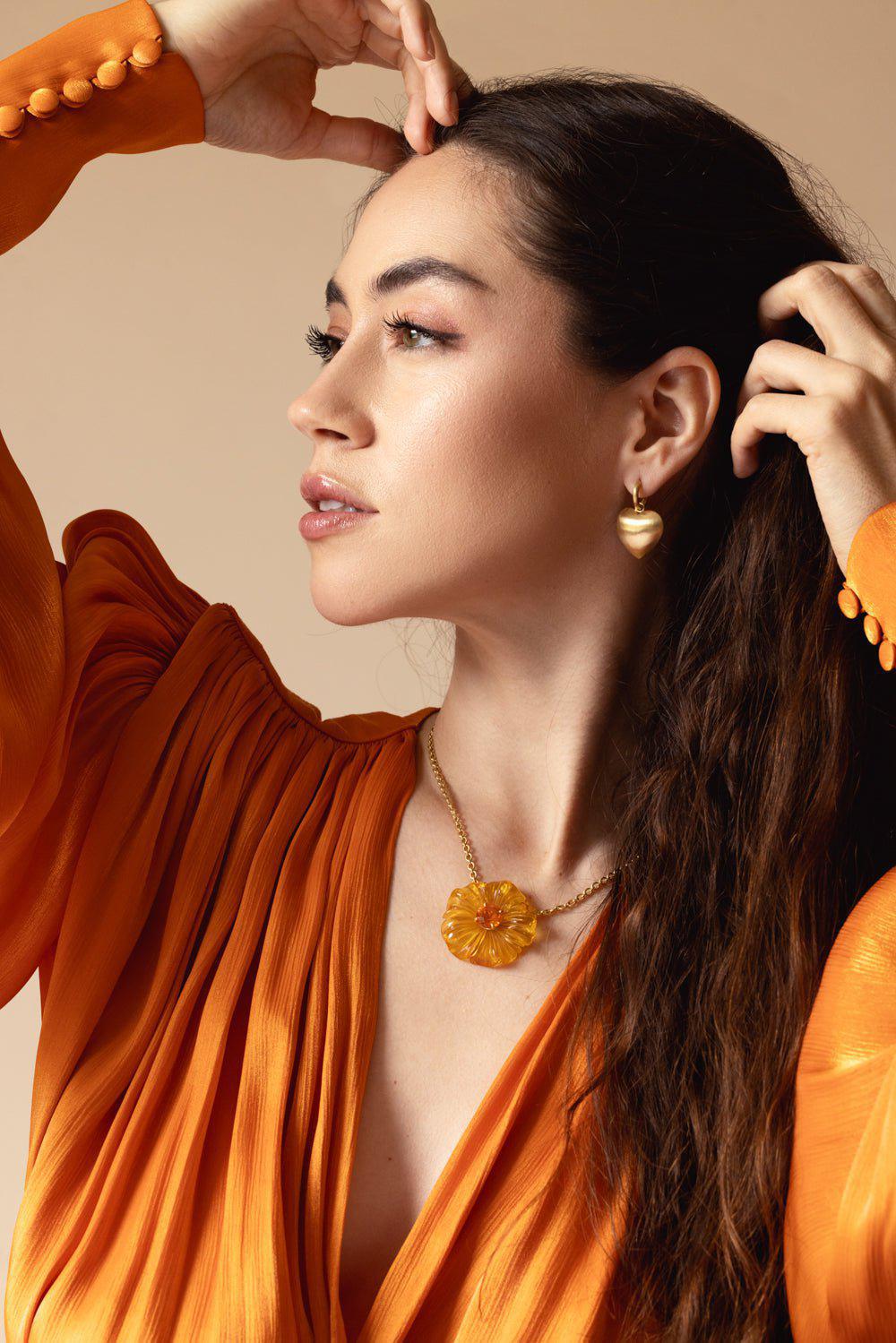 IRENE NEUWIRTH JEWELRY-Tropical Carved Amber Opal Flower Necklace-YELLOW GOLD