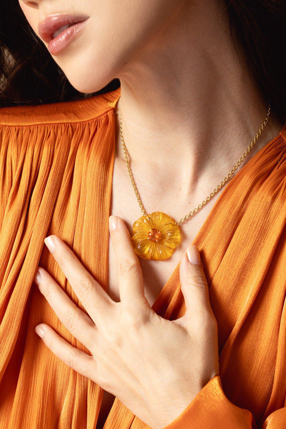 IRENE NEUWIRTH JEWELRY-Tropical Carved Amber Opal Flower Necklace-YELLOW GOLD