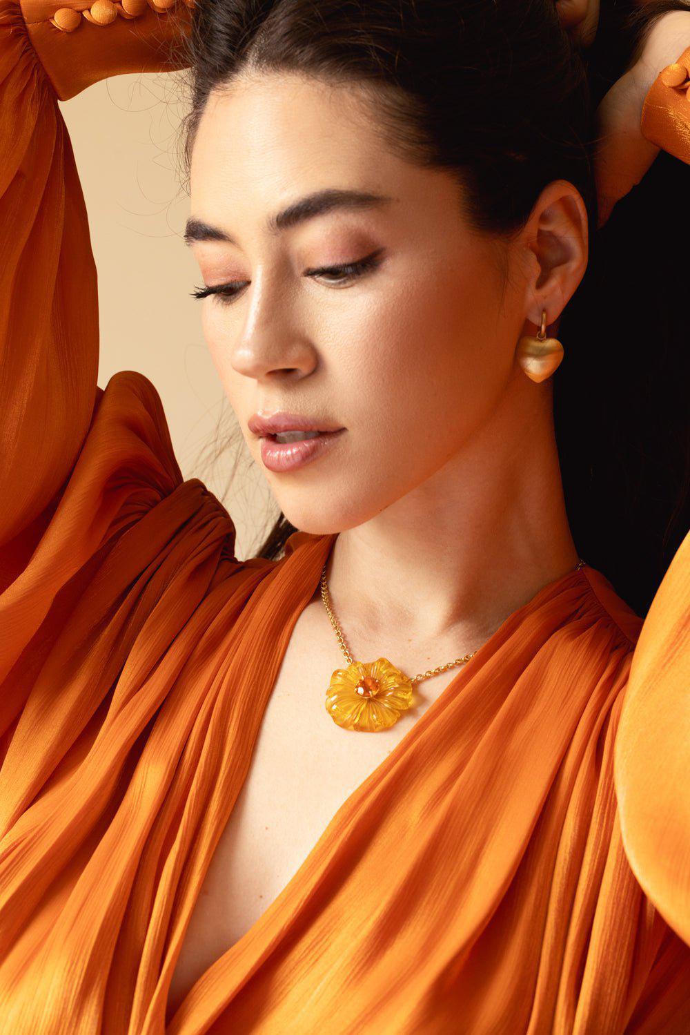 IRENE NEUWIRTH JEWELRY-Tropical Carved Amber Opal Flower Necklace-YELLOW GOLD