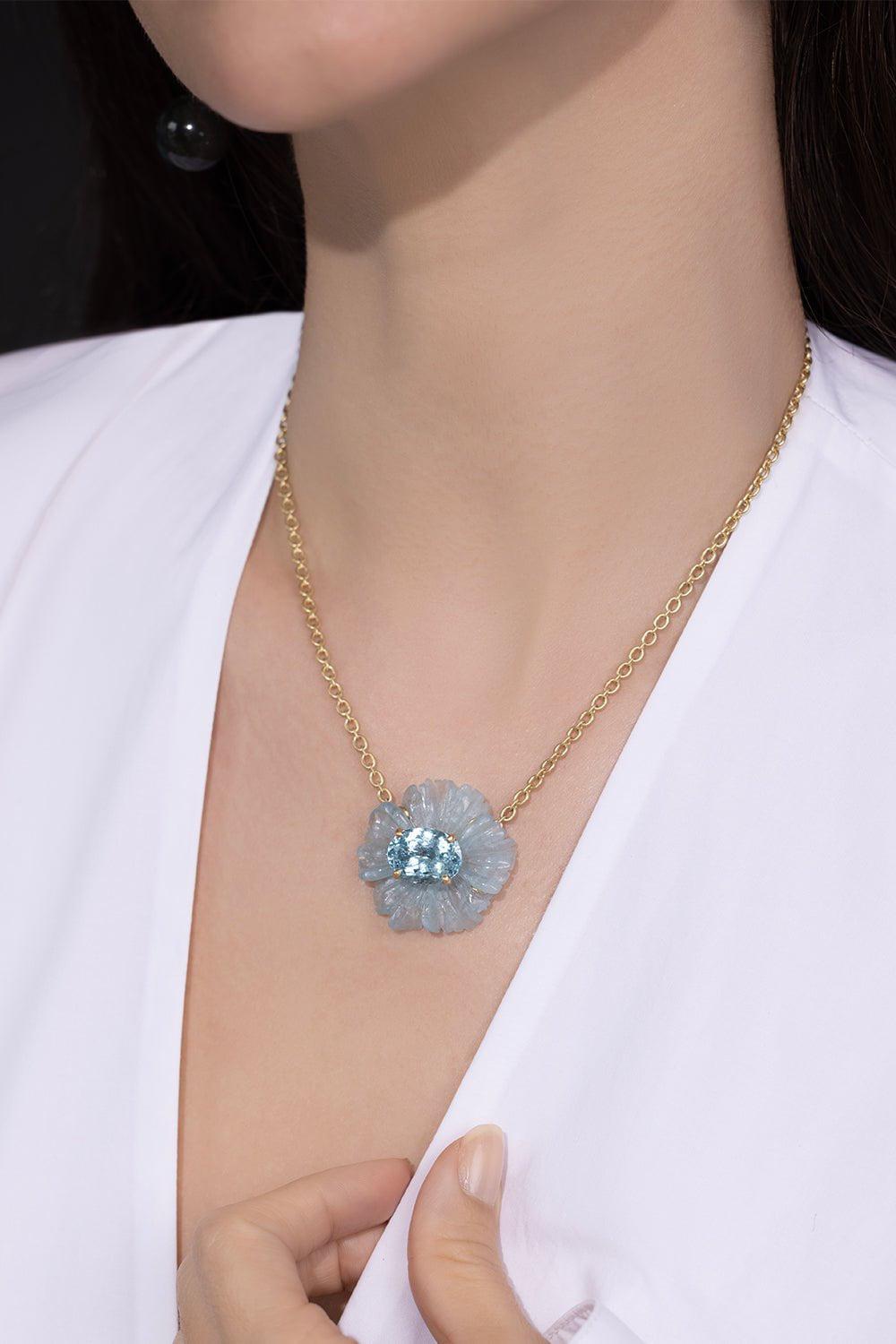 IRENE NEUWIRTH JEWELRY-Tropical Flower Aquamarine Necklace-YELLOW GOLD