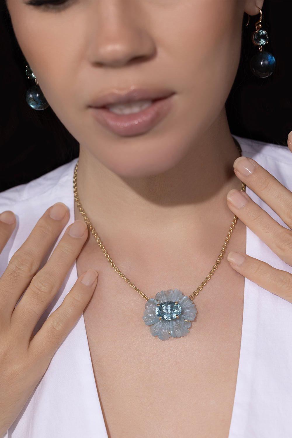 IRENE NEUWIRTH JEWELRY-Tropical Flower Aquamarine Necklace-YELLOW GOLD