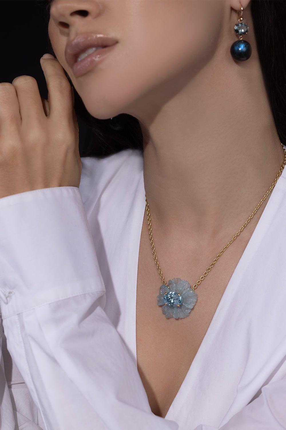 IRENE NEUWIRTH JEWELRY-Tropical Flower Aquamarine Necklace-YELLOW GOLD