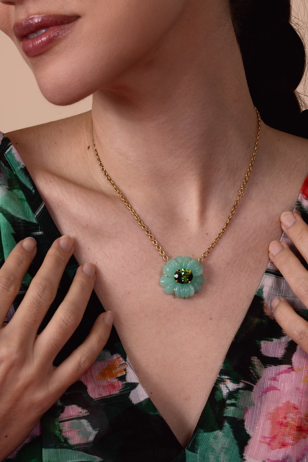 IRENE NEUWIRTH JEWELRY-Tropical Flower Chrysoprase Tourmaline Necklace-YELLOW GOLD