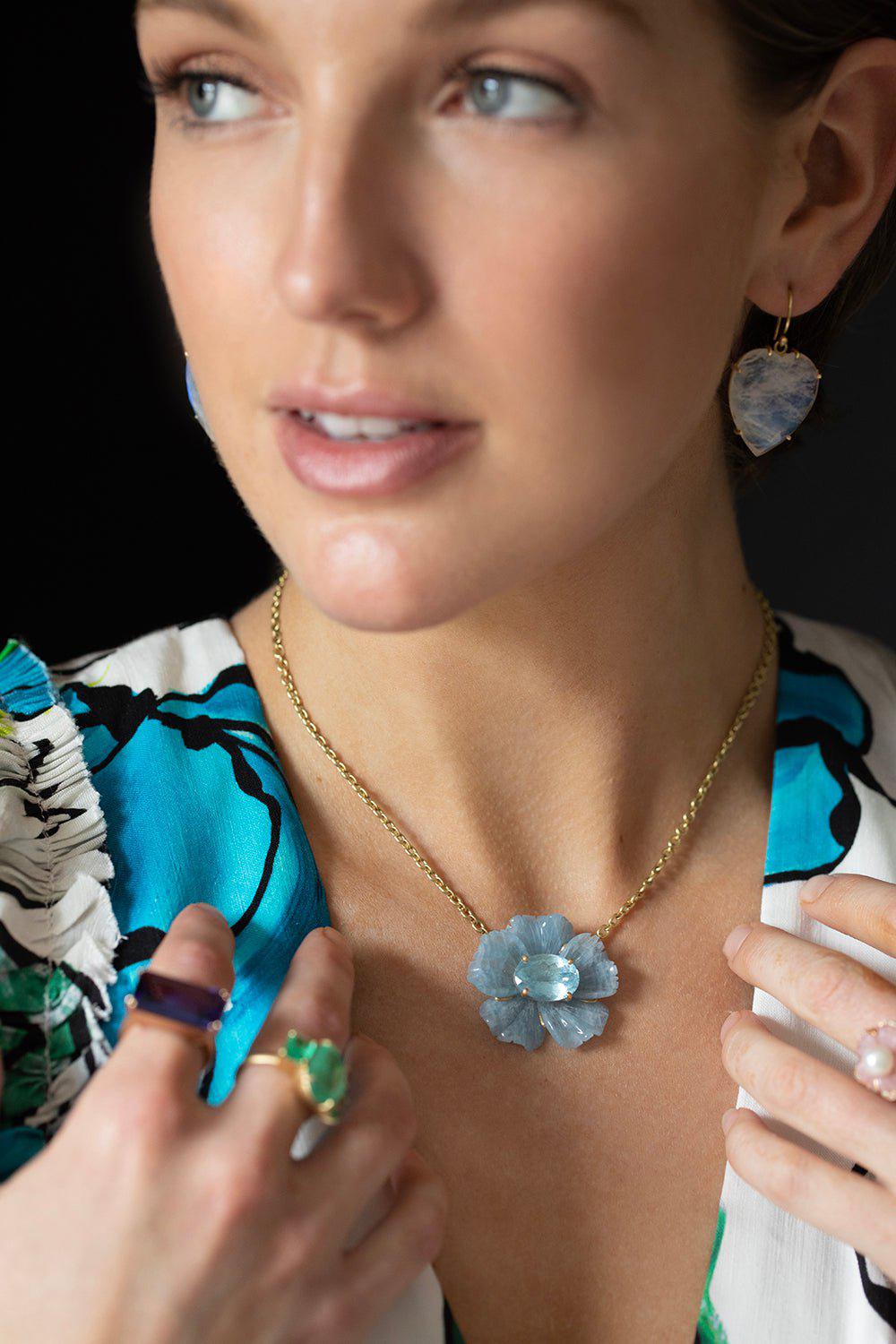 IRENE NEUWIRTH JEWELRY-Tropical Flower Necklace - Aquamarine-YELLOW GOLD