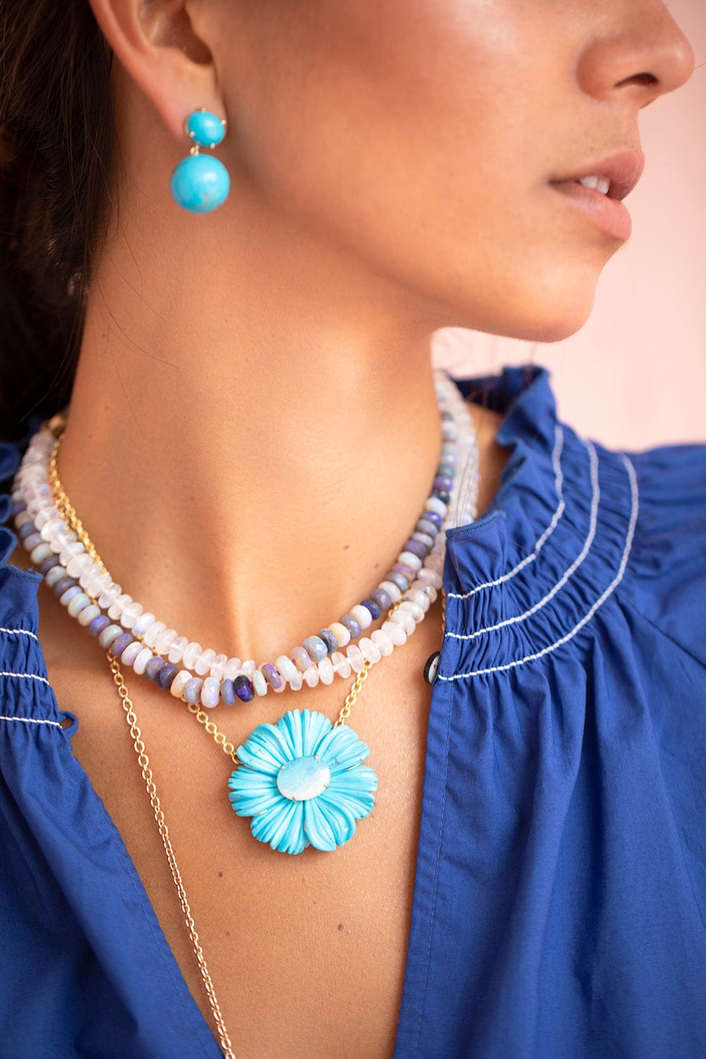 IRENE NEUWIRTH JEWELRY-Turquoise Tropical Flower Necklace-YELLOW GOLD